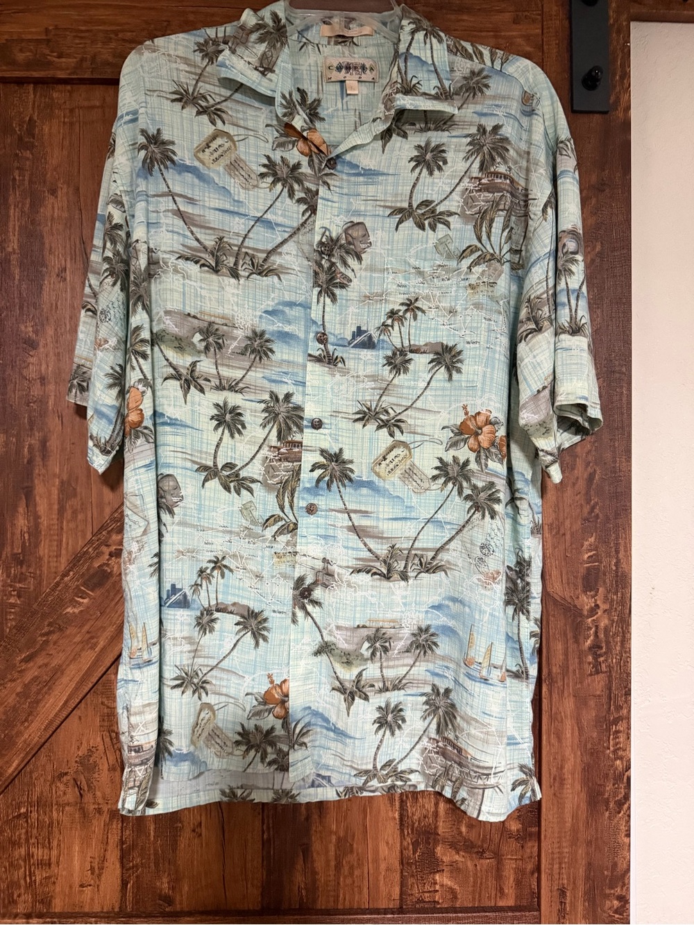 Campia Men Light Blue Tropical Palm Tree Print Short-Sleeve Men's Shirt Size L